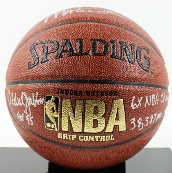 Magic Johnson & Kareem Abdul-Jabbar Signed & Inscribed Spalding Basketball (PSA/DNA)