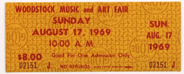 Woodstock: Original One-Day Unused Concert Ticket (Sunday, 8/17/69)