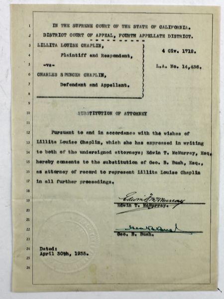 (Charlie Chaplin) One Page Document Relating to Chaplins Record-Breaking Divorce Settlement (1935)(PSA/DNA)