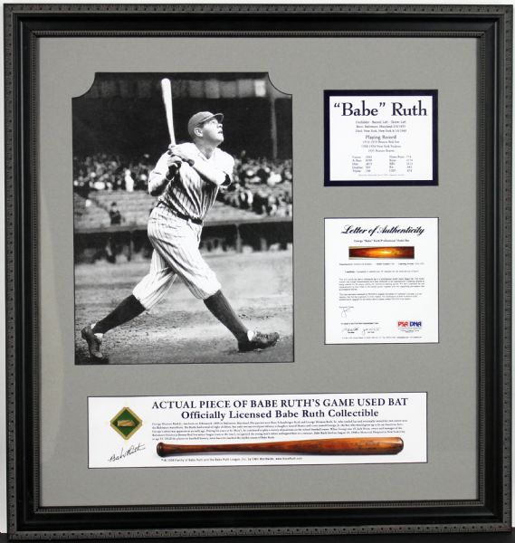 Babe Ruth Game Used Bat Piece in Framed Display (PSA/DNA & SCD)