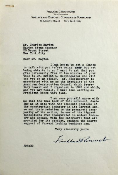 Franklin D. Roosevelt Typed Letter Signed as VP of Fidelity Company of Maryland (PSA/DNA)