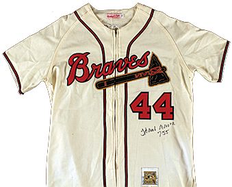 Hank Aaron Signed Mitchell & Ness 1957 Milwaukee Braves Vintage Style Jersey with "755" Inscription (PSA/DNA)