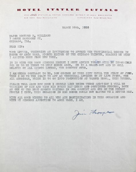 Jim Thorpe Signed Typed Letter with Reference to Production of "Jim Thorpe All-American" Bio Film (1950) (JSA)