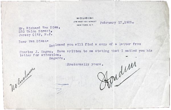 Harry Houdini Signed Typewritten Letter from 1925 on Personal Letterhead (PSA/DNA)