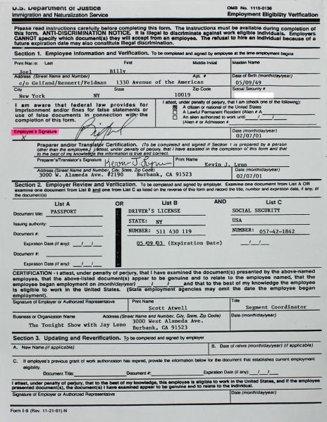 Billy Joel signed Employment Eligibility Verification (PSA/DNA)
