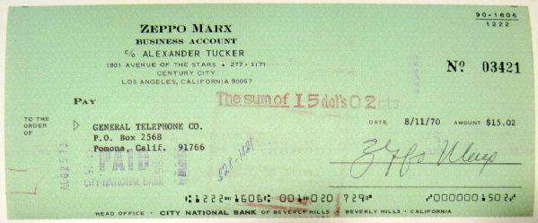 The Marx Brothers: Zeppo Marx Signed Cancelled Check (JSA)