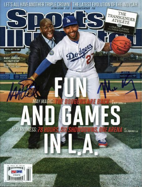 Magic Johnson & Matt Kemp Dual Signed 5/28/12 Sports Illustrated Issue (PSA/DNA)
