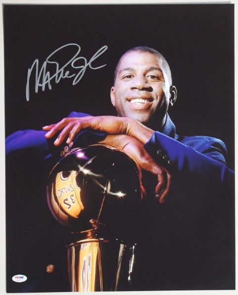 Magic Johnson Signed 16x20 Photo with NBA Championship Trophy (PSA/DNA ITP)