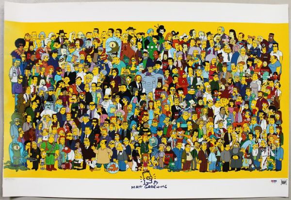 The Simpsons - Matt Groening Signed & Bart Sketch on 20.5" x 30" Simpsons Character Print (JSA)