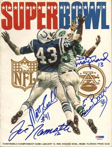 1969 NY Jets (Super Bowl Champs) Signed Original Super Bowl III Program w/Namath, Maynard, Snell & Boozer (PSA/DNA)