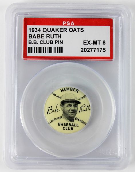 Babe Ruth: 1934 Quaker Oats Baseball Club Member Pin Graded EX-MT 6 (PSA Encapsulated)
