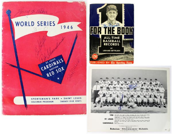 Stan Musial Signed Lot: 1946 World Series Program, 1958 Cardinals Team Photo & "For The Book All-Time Baseball Records" Book