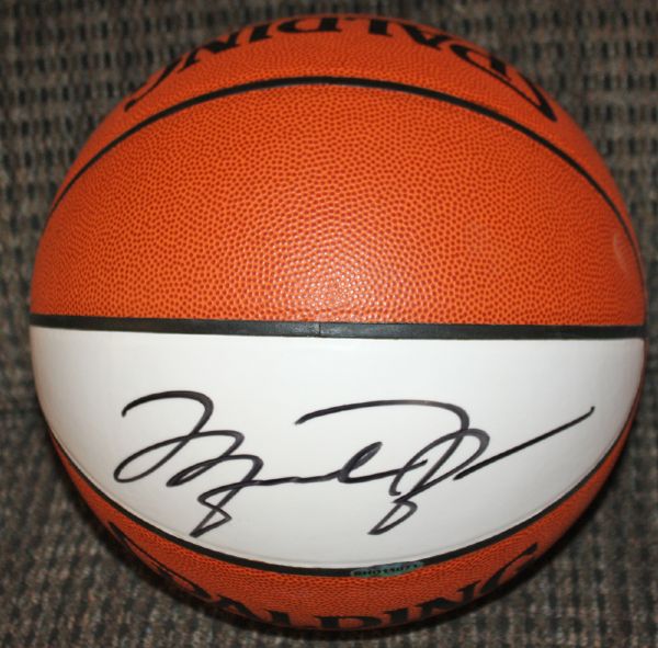 Michael Jordan, Larry Bird & Magic Johnson Signed Spalding NBA White Panel Basketball (Bird Hologram, UDA & PSA/DNA)