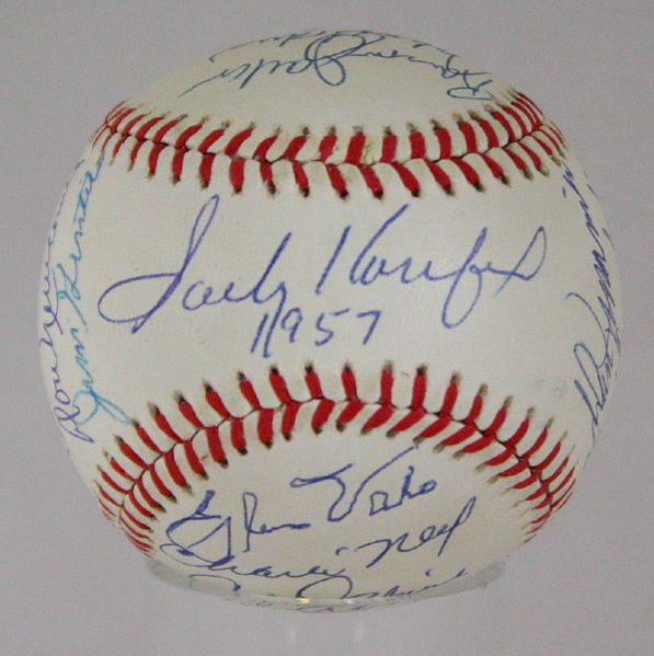 1957 Dodgers Reunion Signed ONL (White) Baseball w/ Koufax, Drysdale, Snider & 15 Others