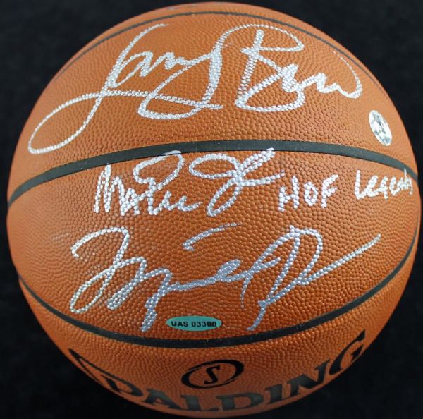 Michael Jordan, Larry Bird & Magic Johnson Signed "HOF Legends" Spalding NBA Basketball (UDA, PSA/DNA, & Bird Hologram)