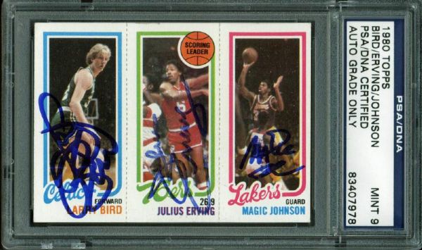 1980-81 Topps Magic Johnson, Larry Bird & Julius Erving Card - Signed by All 3 - Magic & Birds Rookie - PSA/DNA Autograph Graded MINT 9!