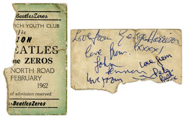 The Beatles Unique Early Ticket Stub from 2/10/1962 Show Signed by John Lennon, George Harrison & Eventual "Fill-In" Drummer Pete Best! (Epperson/REAL & Tracks)