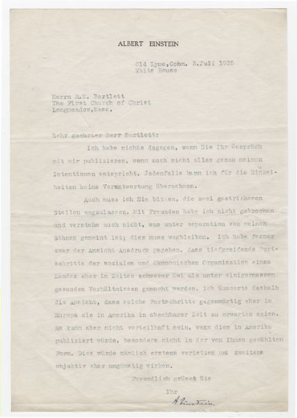 Albert Einstein Typewritten & Signed German Letter (w/Translation) c.1935 with Great Content RE: Critical Commentary on American Society vs. Europe (PSA/DNA)