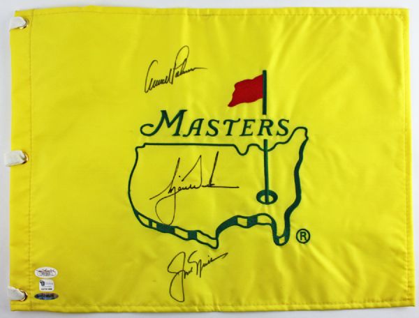 Golf Legends: Tiger Woods, Jack Nicklaus & Arnold Palmer Triple Signed Undated Masters Souvenir Pin Flag (JSA & UDA)