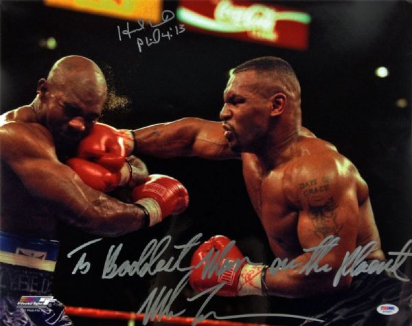 Mike Tyson and Evander Holyfield Dual Signed 16" x 20" Color Photo with Exact Photo Proof! (PSA/DNA)