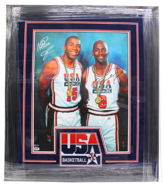 Michael Jordan & Magic Johnson Signed Canvas Print in Custom Framed Display (PSA/DNA & UDA)