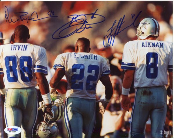 Dallas Cowboys: Emmitt, Aikman & Irvin Signed 8" x 10" Color Photo (PSA/DNA)