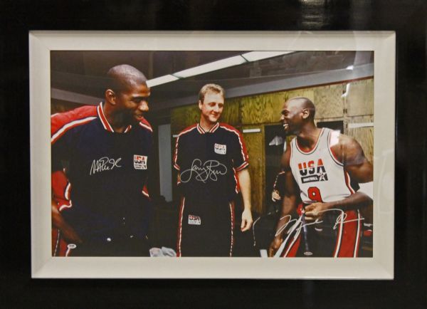 Michael Jordan, Magic Johnson & Larry Bird Signed 32" x 25.5" Oversized Canvas in Custom Framed Display (UDA & PSA/DNA)