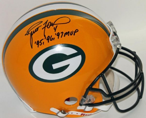 Brett Favre Signed Packers Full Sized PROLINE Helmet with "95,96, 97 MVP" Inscription (Favre COA)