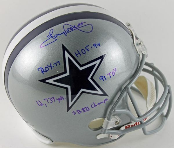 Tony Dorsett Signed Dallas Cowboys Full Sized Helmet with 5 Handwritten Stats (JSA)