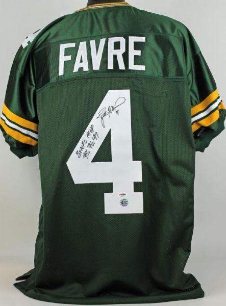 Brett Favre Signed Packers Jersey with "3x NFL MVP - 95, 96, 97" Inscription (Favre & PSA/DNA)