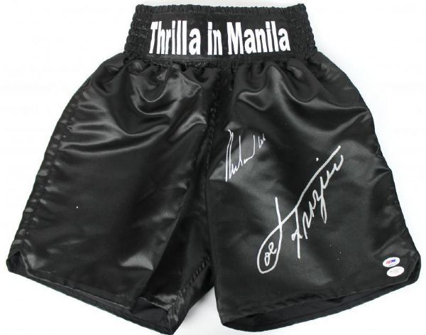 Muhammad Ali & Joe Frazier Signed "Thilla In Manila" Custom Silk Boxing Trunks (PSA/DNA)