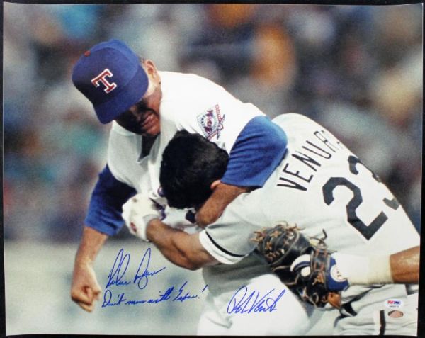 Nolan Ryan & Ryan Ventura Rare Dual Signed 16" x 20" "Fight" Photo w/"Dont Mess with Texas" Insc. (PSA/DNA)