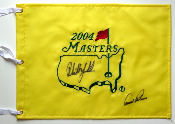 Phil Mickelson & Arnold Palmer Dual Signed 2004 Masters Souvenir Pin Flag (Green Jacket & PSA/DNA)