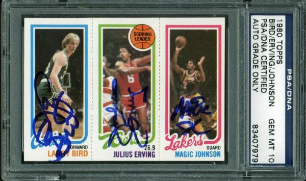 1980-81 Topps Magic Johnson, Larry Bird & Julius Erving Card - Signed by All 3 - Magic & Birds Rookie - PSA/DNA Autograph Graded GEM MINT 10!