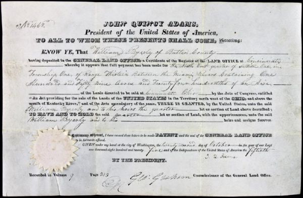 John Quincy Adams Signed Presidential Land Grant Document c. 1825 (PSA/DNA)