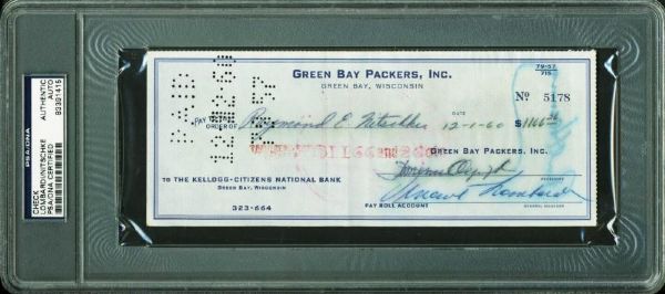 Vince Lombardi Signed 1960 Green Bay Packers Payroll Check Payable to Ray Nitschke! (PSA/DNA Encap)