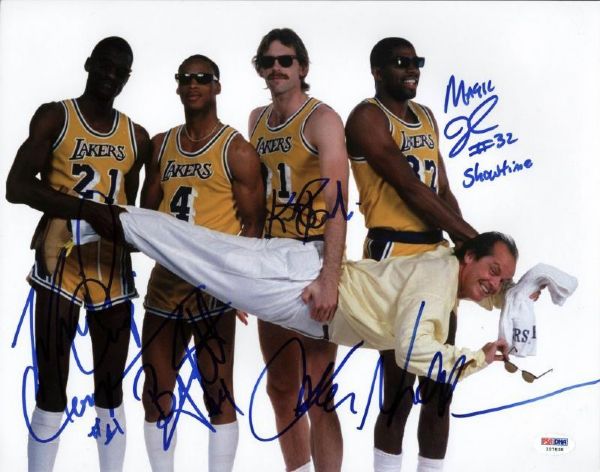 Jack Nicholson, Magic Johnson & The Lakers RARE Group Signed 11" x 14" Color Photo (PSA/DNA)