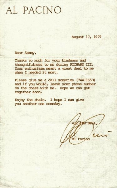 Al Pacino Typed Signed Letter written to Sammy Davis Jr. (PSA/DNA)