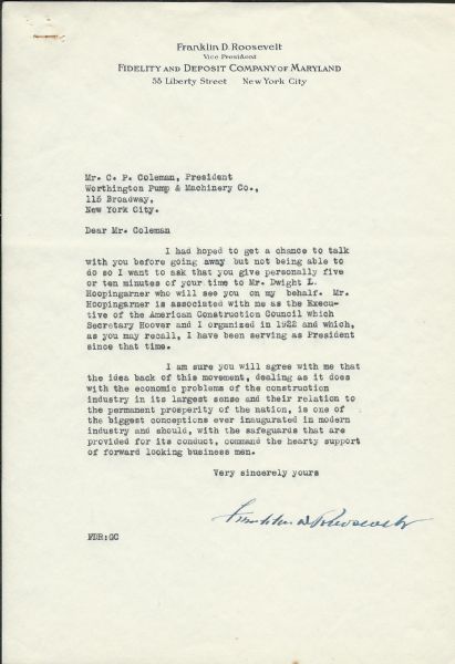 Lot Detail - Franklin D. Roosevelt Typed Letter Signed as VP of ...