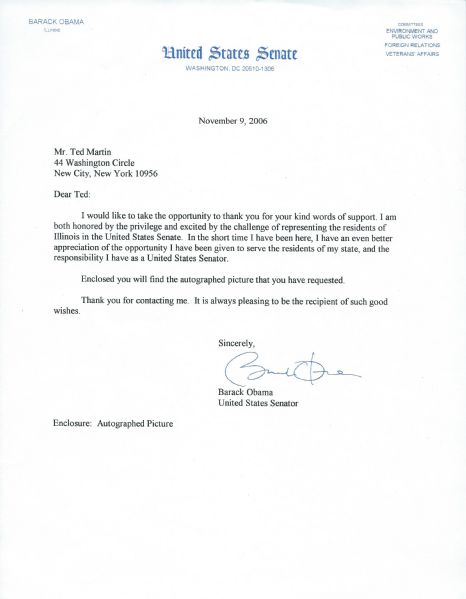 Barack Obama 2006 Typed Signed Letter as US Senator Responding to Autograph Request (JSA)