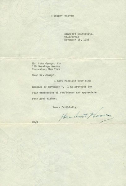 President Herbert Hoover Signed Typed Letter (JSA)