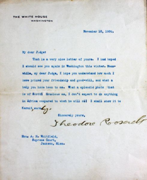 Theodore Roosevelt Signed Letter as President w/ African Content! (PSA)