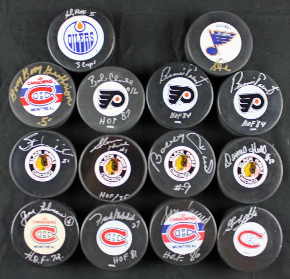 Lof of 14 Signed Hockey Pucks w/