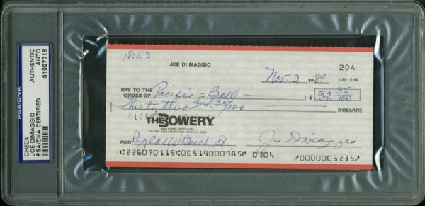 Joe DiMaggio Handwritten & Signed Bank Check (PSA/DNA Encapsulated)