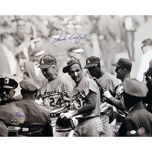 Sandy Koufax Unique Signed 16" x 20" B&W Celebration Photo - Also Signed by Photographer Ken Regan! (Online Authentics)