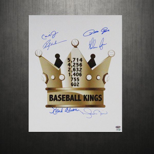 Baseball "Stat Kings" Signed 16" x 20" Photo with Aaron, Ripken, Ryan, Rose, Henderson & Rivera (Steiner)