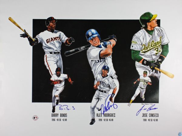 Barry Bonds, Alex Rodrigues & Jose Canseco Signed "40-40 Club" Commemorative Poster (PSA/DNA)