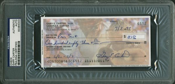 Gary Carter Rare Handwritten & Signed Personal Bank Check (1997)(PSA/DNA Encapsulated)