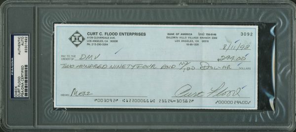 Curt Flood Handwritten & Signed Business Bank Check (1993)(PSA/DNA Encapsulated)