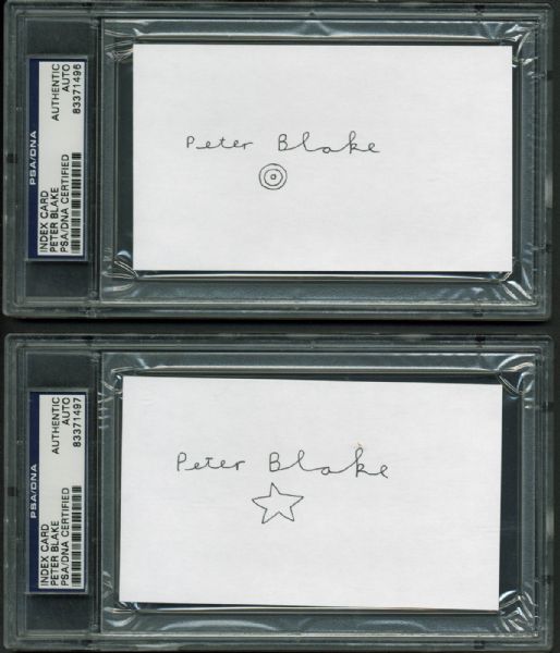 (The Beatles) Peter Blake: Lot of Two (2) Signed Index Cards (PSA/DNA Encapsulated)